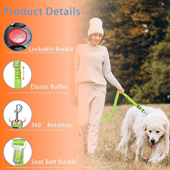 Seyezo Dog Car Seat Belt - 3 Piece Set Retractable Dog Harness with Adjustable Reflective Seatbelt for Vehicle Headrests - Heavy Duty & High Elastics - Green