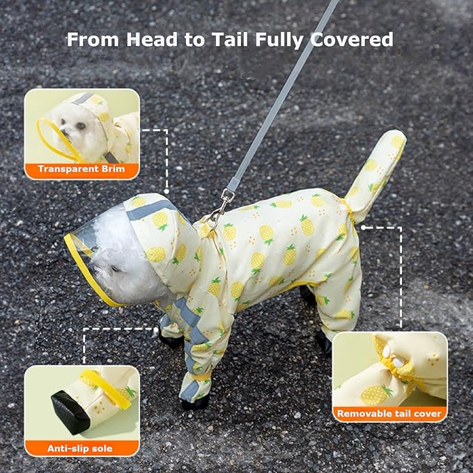 Waterproof Dog Raincoat,Full Coverage 4 Legs Dog Rain Jacket for Small Dogs,Pet Rain Coat with Hood,Reflective Strips&Leash Hole Outdoor Raincoat (Large（for Weight 8.8-11 lb）, Pineapple)