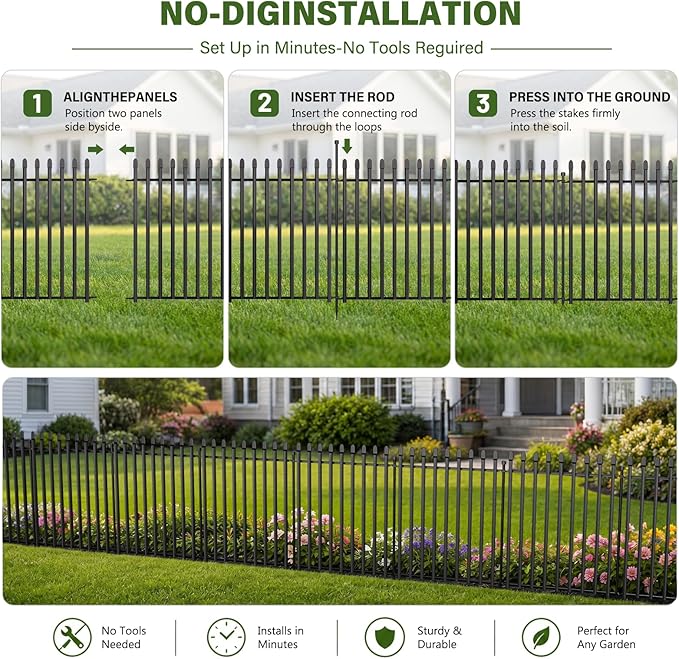 10 Panels No Dig Decorative Garden Fence, 32in(H)×22ft(L) Heavy-Duty Rustproof Metal Panels, Outdoor Dog Barrier for Yard & Patio, Landscape, Border| Portable Temporary Fencing