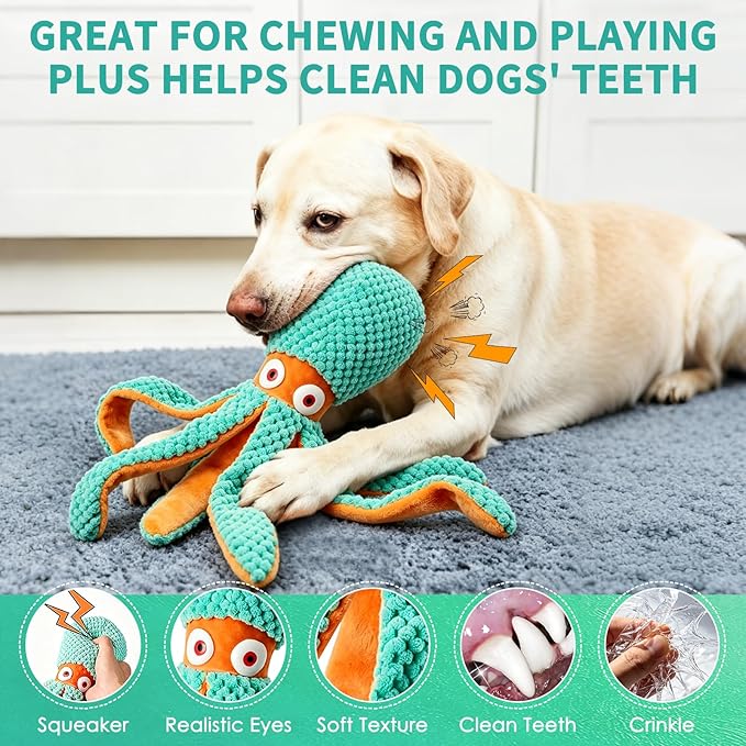 Fuufome Squeaky Octopus Plush Dog Toy for Small Medium Dogs, Soft Crinkle Chew Toy for Puppies Teething, Indoor Interactive Tug-of-War Dog Toy