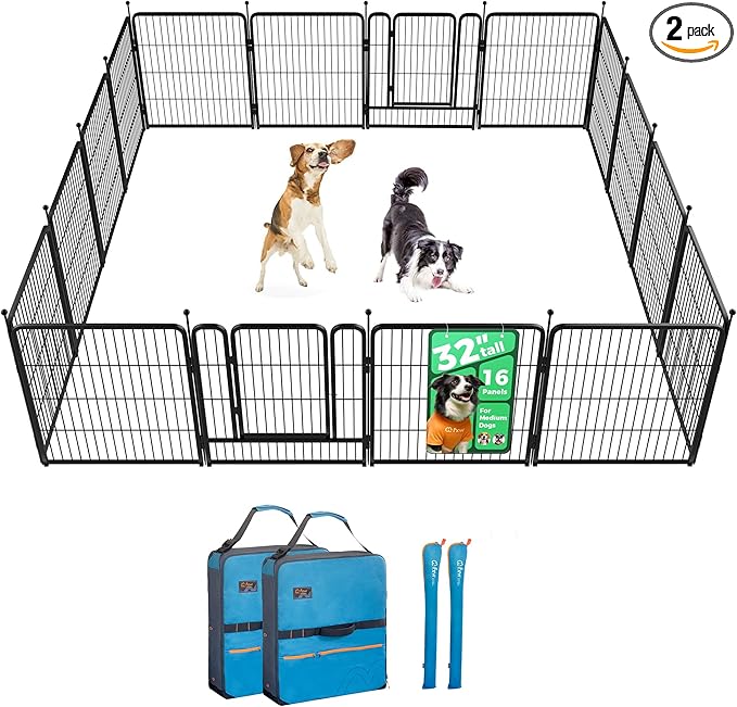FXW Rollick Unleashed Dog Playpen for Indoor, Yard, RV Camping, 32 inch 16 Panels Dog Pen with Playpen Storage Bag (2 Packs) for Small and Medium Dogs, Black│Patented