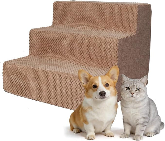 3 Step Dog Stairs for Small Dogs Cats, Brown Mesh Pet Steps, Non-Slip Pet Stairs for Couch Sofa Bed, Indoor Portable Dog Ramp with Zipper Bottom for Medium Large Dogs and Puppy