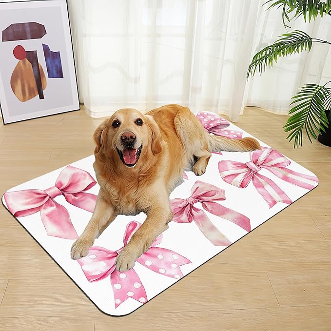 Pink Bows Dog Cat Food Mat–Absorbent Waterproof Placemat for Food and Water Bowls, Non Slip Rubber Backing, Feeding Mat for Clean Floors 12"x20"