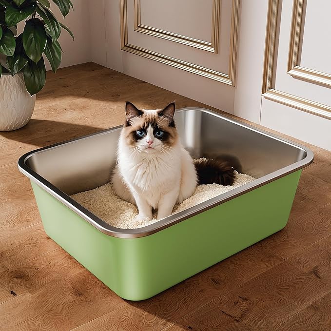 Qiuma Stainless Steel Litter Box, Large Metal Cat Litter Box with High Sided for Big and Small Cats, Non-Stick, Easy to Clean, Odor-Free, 17.5" L×13.6" W×5.9" H, Leaf Green