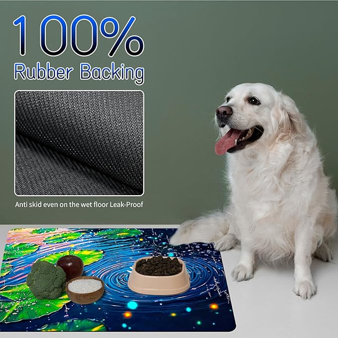 Dog Food Mat, 15.7" x 23.6" Absorbent Pet Feeding Mat for Food and Water, Waterproof Diatom Mud Pet Placemat with Non-Slip Rubber Backing, Cat Bowl Mat for Floors - Green Lotus Leaf Creek