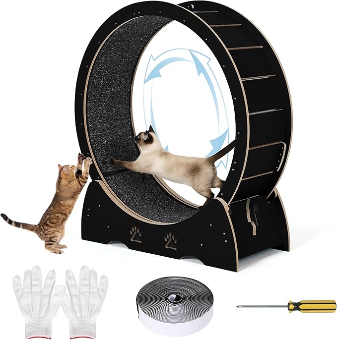 GarveeLife Cat Exercise Wheel, Wooden Cat Running Treadmill with Carpeted Runway for Indoor Cats, Low Noise Removable Carpet Cat Wheel for Kitty Running Walking Training