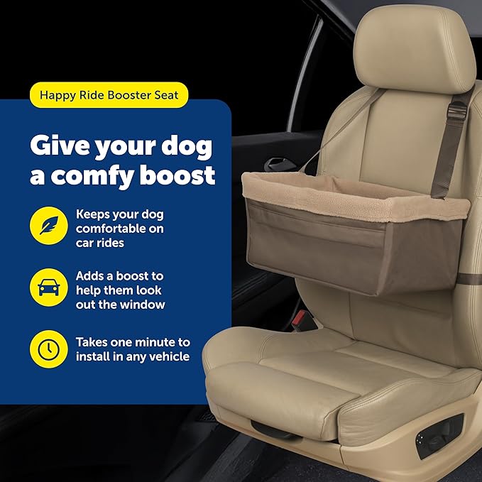PetSafe Happy Ride Booster Seat Raised Dog Travel Seat Installs on Car Seats with a Headrest Safety Tether Machine Washable Folds Flat for Storage