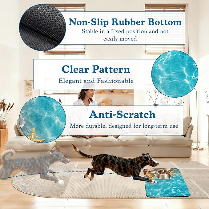 Starfish Seashell on Beach Pet Feeding Mat for Floors–Absorbent Quick Dry Dog Cat Bowl Mat for Food and Water, Non Slip Waterproof Base, Mess-Free Feeding Accessories 16"x24"