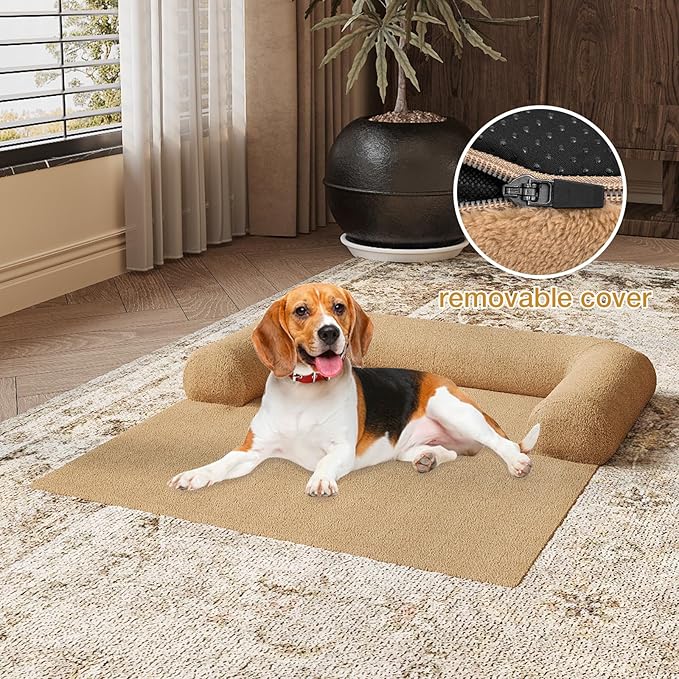 Orthopedic Dog Bed Mat for Large Dogs, Washable Sofa Protector Pet Bed with 3-Sided Bolster, Shredded Memory Foam & Plush Support, Non-Slip Bottom for Medium & Small Dogs (Tan)