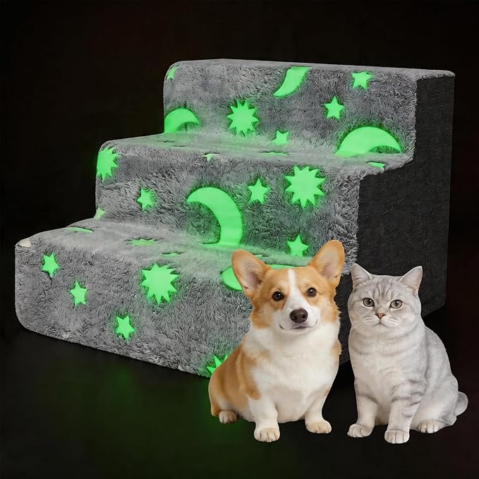 Pawise 3 Step Dog Stairs, Glow in The Dark Pet Steps, Non-Slip Dog Ramp with Zipper, Star Moon Pattern Plush Pet Stairs for Couch Sofa Bed, Indoor Portable Steps for Medium Large Dogs and Puppy
