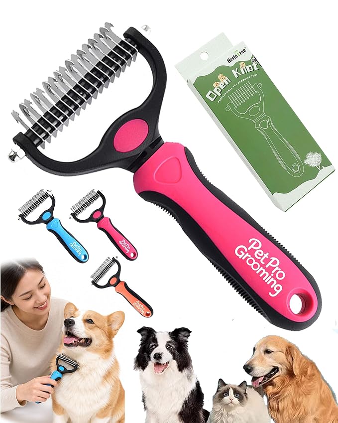 Pet Deshedding Brush for Dogs Cats, 2-in-1 Pet Grooming Tool with Rounded Stainless Steel Teeth & Non-slip Handle, Dual-Head Dematting for Thick Double Coats – Gentle Coat Care (Pink)