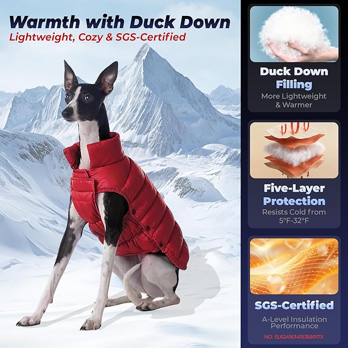 SPACE LION Dog Puffer Jacket, Down Winter Coat, Durable Outdoor Coat for Cold and Windy Conditions, Lightweight & Adjustable Fit Coats for Large Dogs, (Red, Size24/2XL)