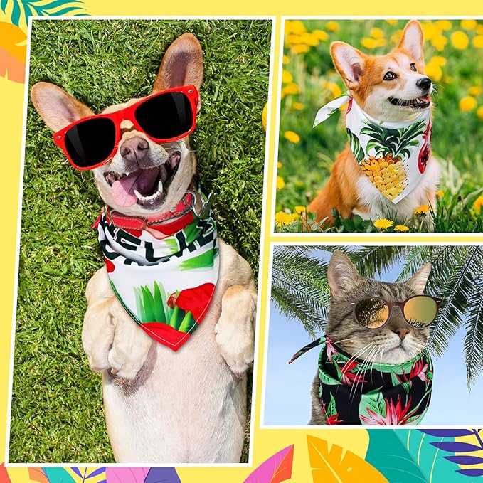 Huhumy 150 Pcs Hawaiian Dog Bandanas Bulk Pet Bibs Colorful Triangle Scarf Pet Bandanas for Medium Large Dogs Hawaiian Summer Luau Party Birthday Costume Decor