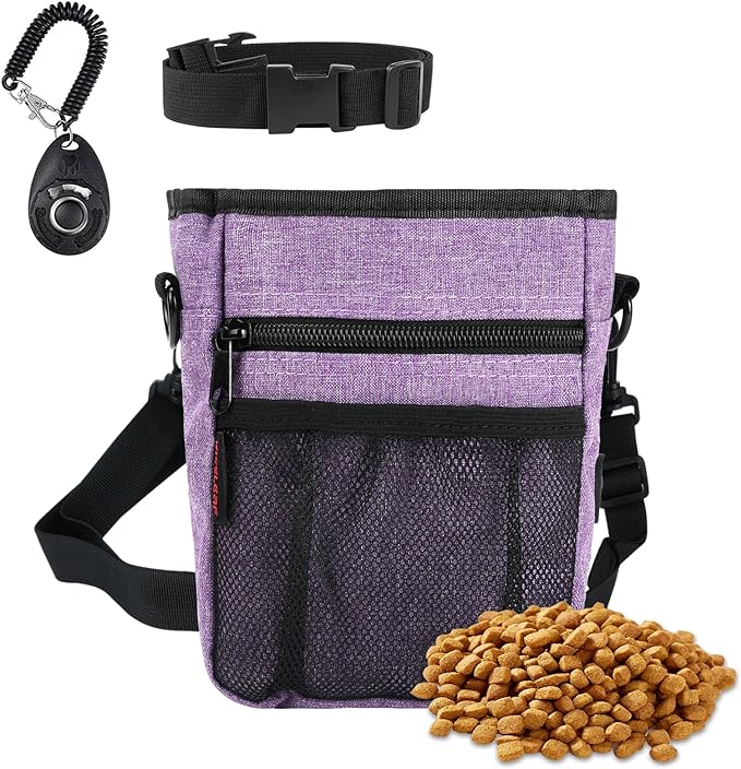 kissleaf Dog Treat Pouches for Pet Training with Magnetic Closure Treat Pouches for Pet Training,Large Dog Treat Training Pouch and Dog Clicker,Training Treat Pouch Built-In Poop Bag Dispenser-Purple.
