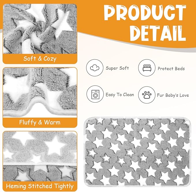 Tatuo 4 Pack Fleece Dog Blankets for Puppy Cats Multi-Size Sleep Mat for Pet Guinea Pig Soft Washable Warm Crate Bed Puppy Teething Toys Print Pattern Blanket Indoor(White,Grey,24 x 16 Inch,Star)