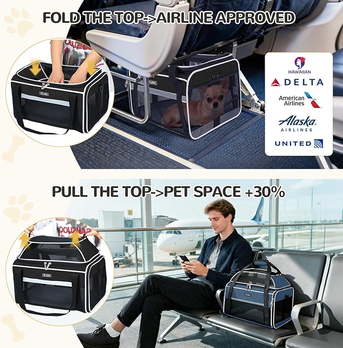 Lekereise Top-Expandable Pet Carrier 17x11x9.5 Inch Alaska Hawaiian Airline Approved Soft Sided Underseat to 12lbs Travel Carriers for Small Dogs and Cats with Locking Safety Zippers Anti-Scratch Mesh