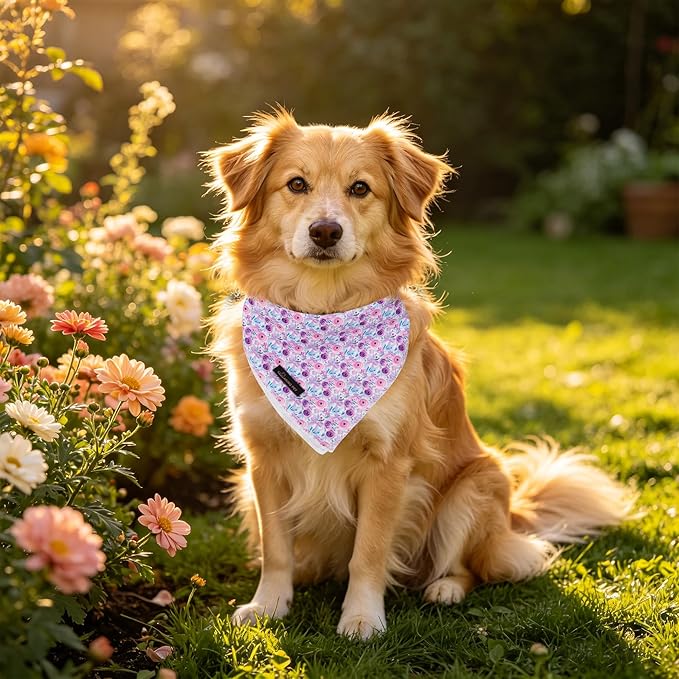 ARING PET Girl Dog Bandanas, Cute Summer Purple Rose Bow Floral Pet Bandana Scarf Triangle Bib for Small Medium Large Female Dogs Cats, Puppy Kerchief for Daily Wear Walks Party Photos-L