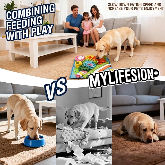 MYLIFESION Snuffle Mat 15.4''×15.4'' for Small & Medium Dogs, Slow Feeding Puzzle Sniff Mat for Cats Rabbits, Mentally Stimulating Scent Training, Portable Durable Pet Food Mat (Heavyweight Style)