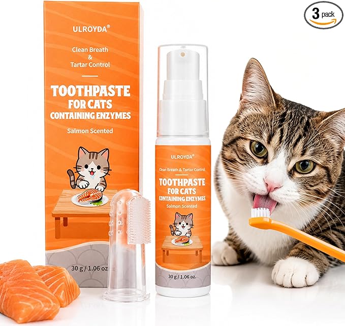 Cat Dental Kit with Salmon Flavor Toothpaste 1.06 oz | Enzymatic Cat Toothpaste, Includes Toothbrush & Finger Brush | Gentle Plaque & Breath Care