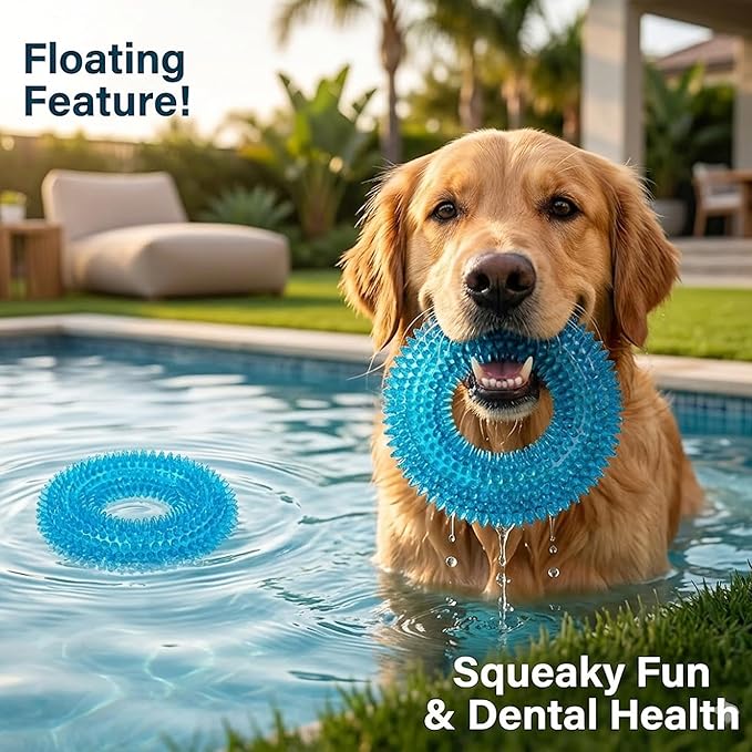 ADUCK Dog Squeaky Chew Toys for Aggressive Chewers, Small Medium Large Dogs Teeth Cleaning Soft Natural Rubber Float Toy for Indoor Outdoor Water Pool, Donut Ring Design 4.92 inch, Pack of 4