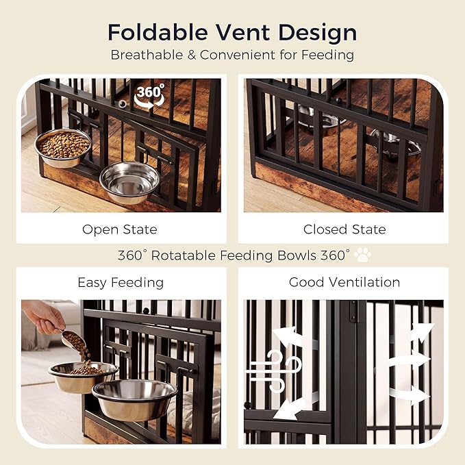 IRONCK Dog Crate Furniture with 360° Rotatable Bowls, 39.4" Wooden Dog Kennel Indoor with Top Storage Shelves, Heavy Duty Decorative Pet Crate End Table with 4 Hooks for Medium Dogs, Rustic Brown
