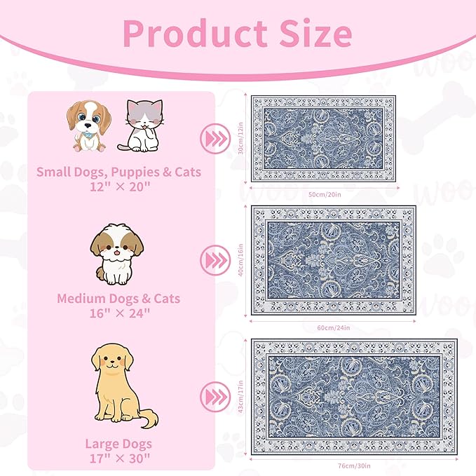 Blue Floral Pet Feeding Mat, Absorbent Dog/Cat Food Mat for Food and Water Bowl, Non-Slip Quick Dry Pet Placemat Floor Protector for Messy Drinkers(16 x 24 in)