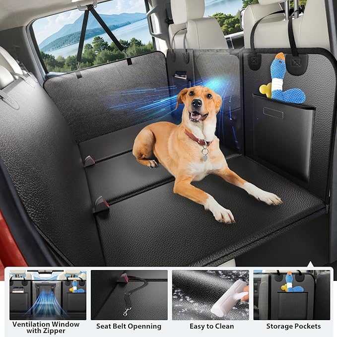Back Seat Extender for Dogs Truck-Large Space, Hard Bottom PU Leather Dog Pet Seat Cover Back Seat, Anti-Scratch Dog Hammock for Crew Cab Trucks F150, RAM1500, Sierra, Tundra, Silverado