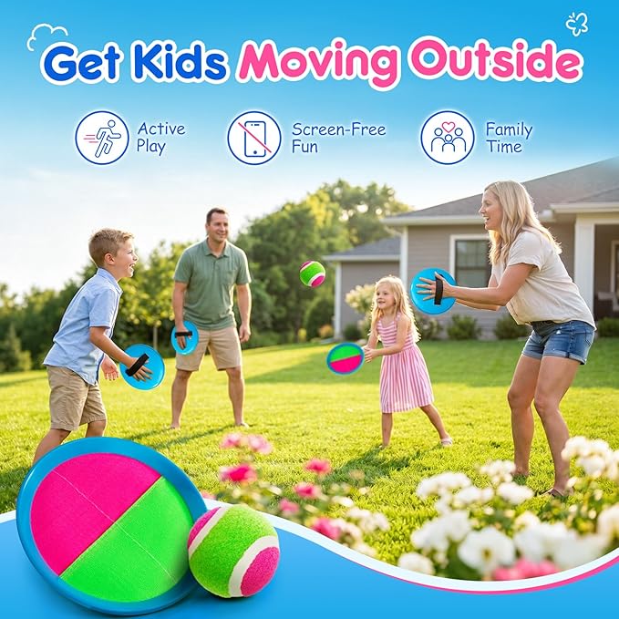 EVERICH Upgraded Toss and Catch Ball Game Set - Indoor and Outdoor Games for Kids 3-12, Beach Sand Pool Water Toy Includes 2 Paddles 2 Sticky Balls, Great Birthday Easter Gifts for Boys Girls