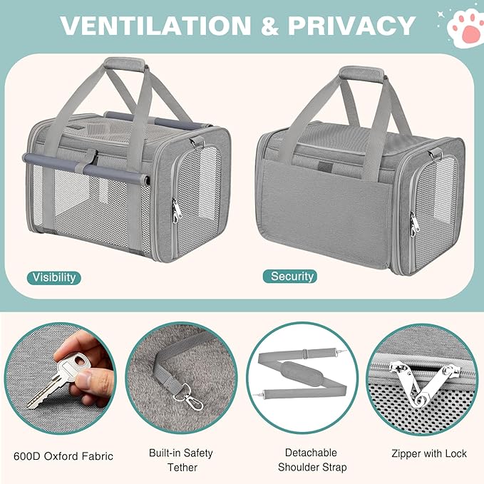 Soft Cat Carrier for Pets Up to 20 Lbs, Collapsible Cat Carrier Bag with Privacy Curtains, Airline Approved Small Pet Carrier for Small Medium Cats Dogs Puppy, Washable Soft Pet Travel Bag Dog Carrier