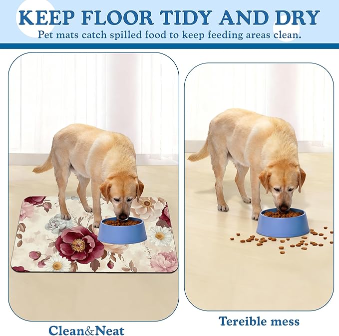 Vintage Floral Rose Pet Feeding Mat–Quick Dry Absorbent Dog Cat Food Mat, Non Slip Waterproof Bowl Placemat for Messy Eaters, Pet Accessories for Floors 16"x24"