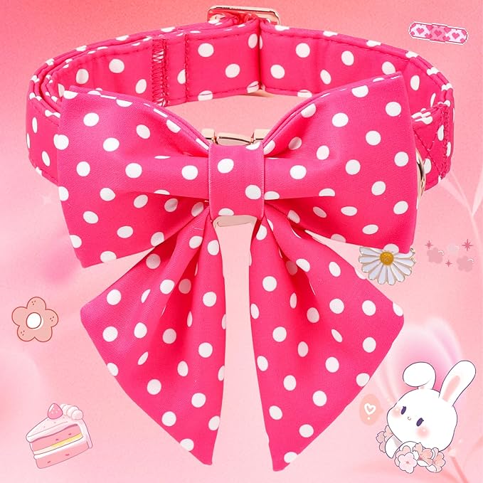 Pink Dog Collar for Girl Dogs, Spring Summer Pink Dots Dog Collar with Bowtie- Adjustable Female Sailor Bow Dog Collar for Medium Dogs M