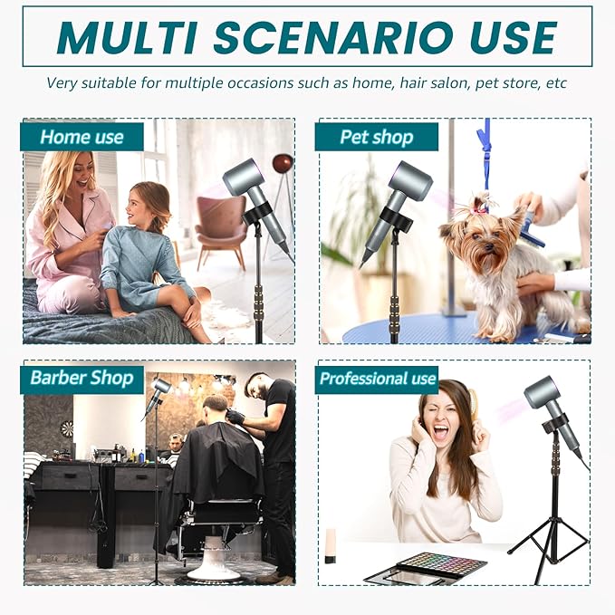 Hair Dryer Stand, 360 Degree Rotating Lazy Hair Dryer Stand Hand Free with Non-Slip Tripod, Adjustable Height, for Home Styling, Elderly & Pet Grooming