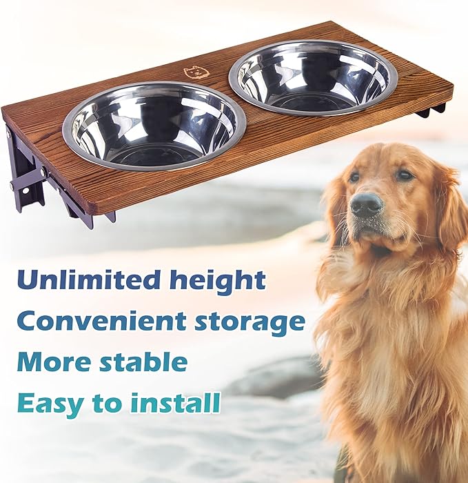 Folding Dog Bowl Stand Mounted Elevated Pet Feeder Includes 2 Stainless Steel, Adjustable Dog Bowls for Medium-Large Dogs 44 Oz