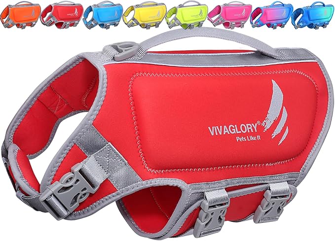 VIVAGLORY High Buoyancy Dog Life Vest, Swimming Vest with Handle, Dog Life Jacket for Swimming & Boating, Buoyancy for Puppy Doggy, M, Red