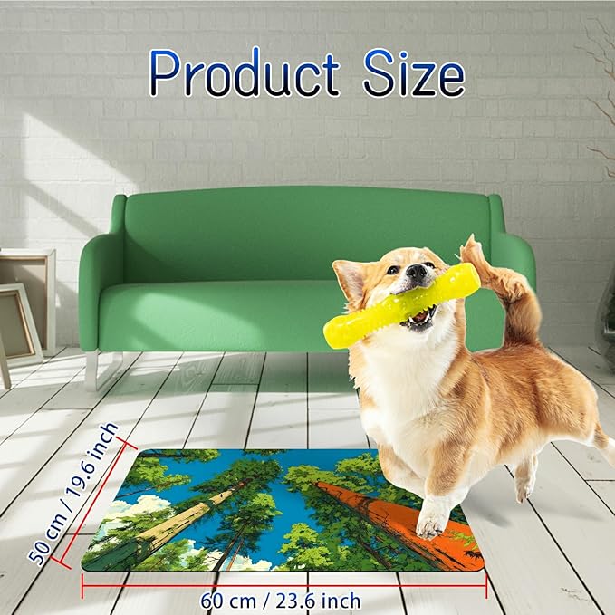 Dog Food Mat, 19.6" x 23.6" Absorbent Pet Feeding Mat for Food and Water, Waterproof Diatom Mud Pet Placemat with Non-Slip Rubber Backing, Cat Bowl Mat for Floors - Green Forest Trees