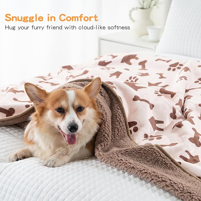 Waterproof Dog Blankets Pet Blanket 60"x80", Soft Fluffy Sofa Car Bed Protector, Reversible Sherpa Fleece Dog Blanket for Large Dogs(Beige-House)