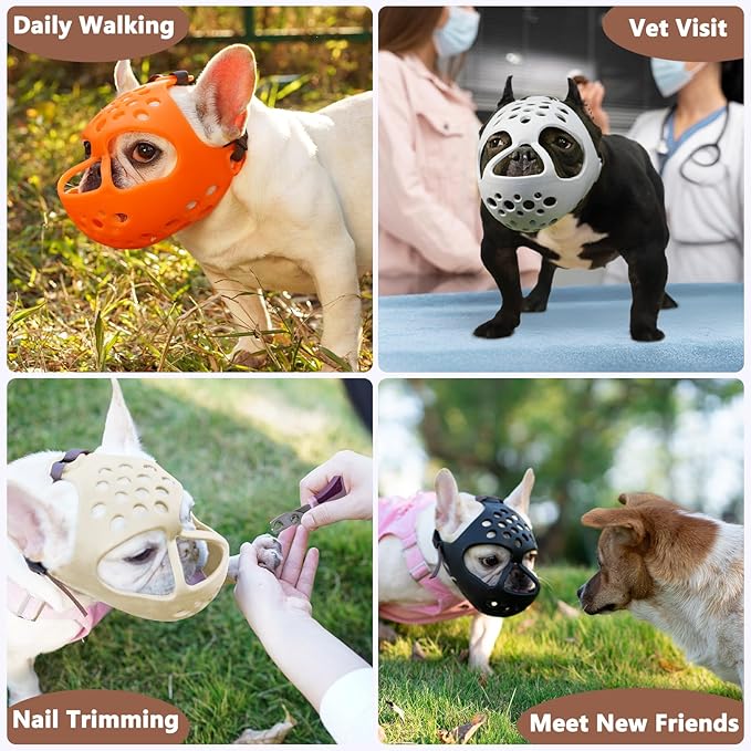 BARKLESS Short Snout Dog Muzzle, Soft Silicone Flat Faced Muzzle for French Bulldog Shih Tzu and Pug for Biting Chewing Licking and Grooming, Allows Panting (S, Khaki)