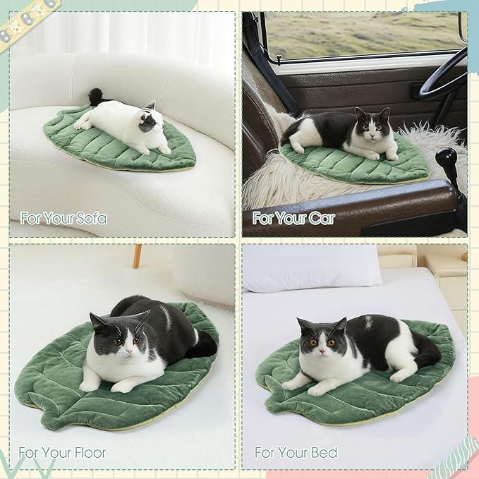 Novabright 4 Pcs Leaf Shaped Green Self Warming Cat Bed Mat 28''x 16'' Double Sided Velvet Washable Self Heating Pet Mat for Cats and Small Medium Dogs Indoor Bed Couch Sofa Floors