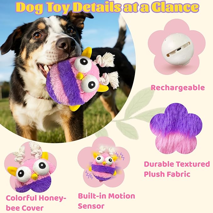GUKCO Moving Dog Toys – Rechargeable Interactive Dog Squeaky Toy with Motion-Activated Ball, Music, Recording & Silent Modes – Self-Play Toy for Small, Medium & Large Breeds (Bee)