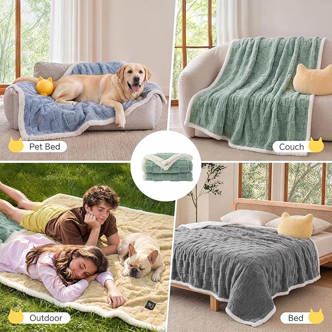 Luciphia Waterproof Dog Blanket, Leakproof Small Pet Blanket for Couch Sofa Bed Furniture Cover Protector, Washable Soft Sherpa Fleece with 3D Jacquard, Cozy Calming Reversible, Sage Green, 40"x28"