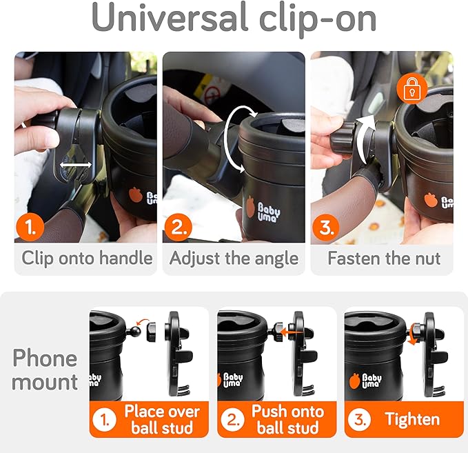 Baby Uma 3-in-1 Cup Holder Phone Holder - Universal Stroller Cup Holder Attachment with 360° Phone Mount, Stanley Cupholder for Stroller, Stroller Accessories