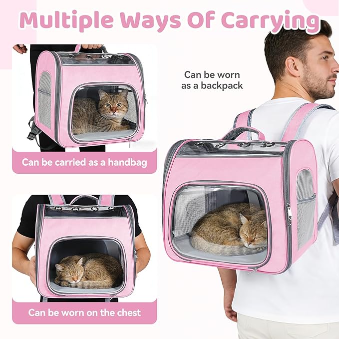 Cat Soft-Sided Carrier Backpack, Breathable Mesh Foldable Pet Travel Carrier with Reinforced Support, Portable Puppy Carrying for Kitty Up to 15lbs (Pink)
