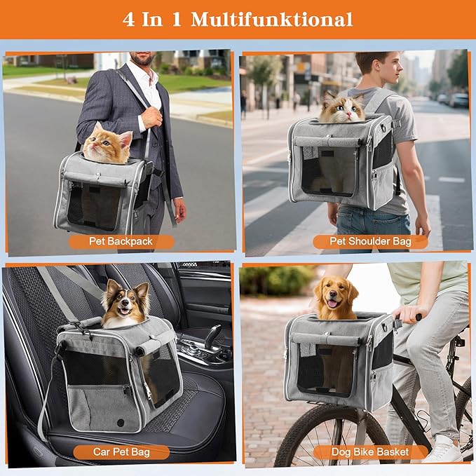 Xixter Dog Basket for Bike, Suitable for Small & Medium Pet Up to 10 kg, Foldable 4-in-1 Pet Bike Basket, Crossbody, Shoulder and Car Seat, with Sturdy Bracket and 4 Mesh Windows, Gray