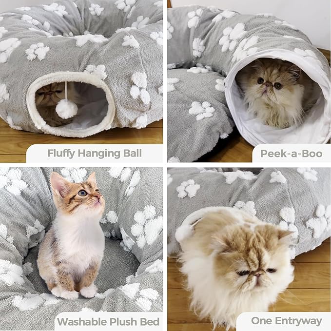 Homimp Cat Tunnel Bed with Central Mat,Large Tube Playground with Plush Ball Toy,Peekaboo Cat Cave with Washable Circle Cushion for Indoor Cats,Pop Up Bed HidePlace for Kitten Puppy Rabbit, Grey Paw