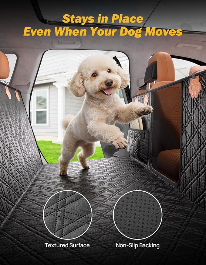 JOYTUTUS Back Seat Extender for Dogs, PU Leather Dog Car Seat Cover with Hard Bottom, Dog Hammock with Mesh Window, Dog Car Seat Cover for Full Size Truck&SUV, Holds 440 lbs