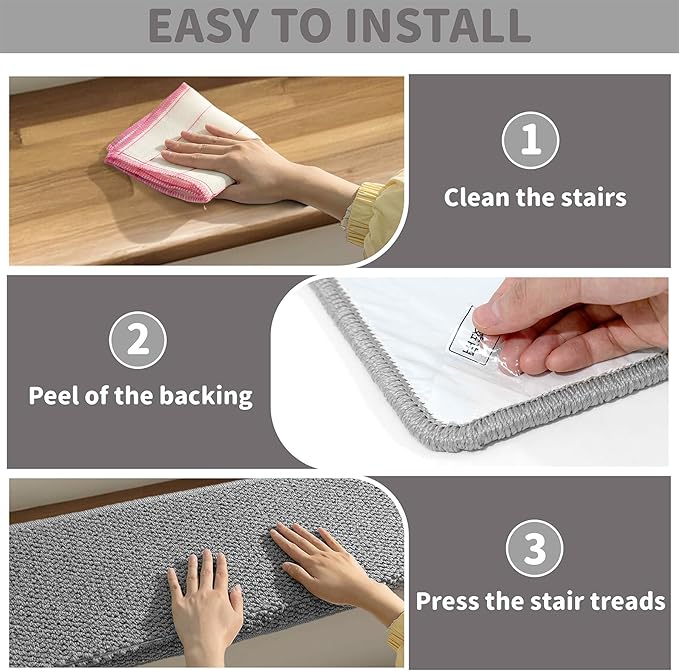Brakki Bullnose Carpet Stair Treads, Non Slip Stair Treads for Wooden Steps Indoor, Stair Runner, Soft Stair Rugs for Pets, Edging Stair Protectors, Washable, 29.5"x9.5"x1.5" 7pcs, Grey
