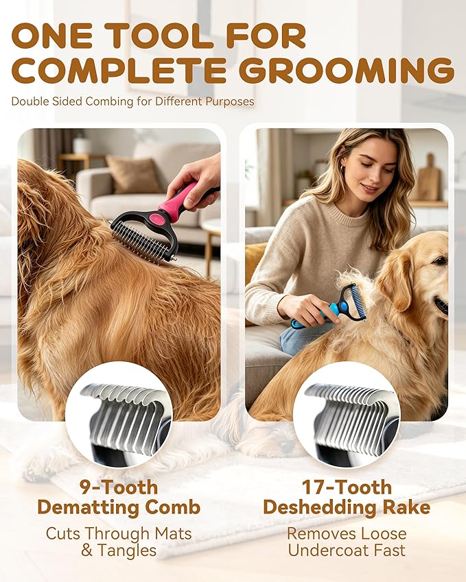 Pet Pro Grooming Tool, Dematting Comb for Dogs and Cats, Deshedding Dog Brush, Undercoat Rake for Dogs, Removes Tangles Knots and Loose Fur, Grooming Tool for Thick Coats (Orange)