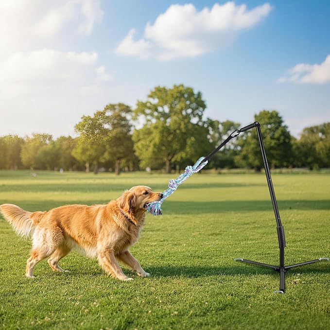Tether Outdoor Dog Rope Toy with Reinforced Tripod Spring Pole Base - Heavy Duty Interactive Tether Tug Toy for Backyard Solo Play - Adjustable Spring Pole Rope System for Large Medium Small Dogs