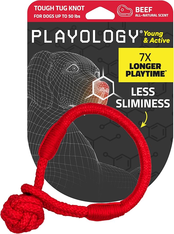 Playology Dog Toys | Tough Tug Knot for Puppies and Young Dogs | Beef Scented Medium Chew Toy Tug Rope | Tug of War Puppy Essentials
