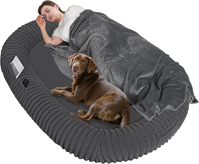 Human Dog Bed for Adult, Reversible Orthopedic Gel Memory Foam Cushion, Washable Corduroy Fleece, Plump Edge with Blanket, Storage Pocket, Strap, 71"x47.2"x9", Extra Large, Dark Grey